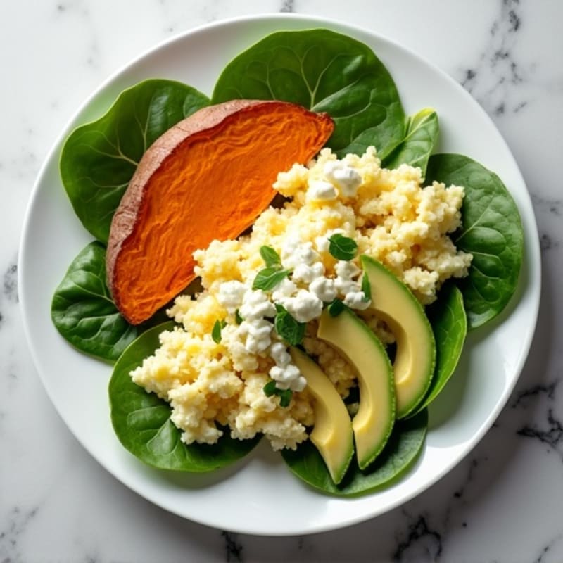 Egg White and Spinach Scramble with Cottage Cheese and Sliced Turkey
