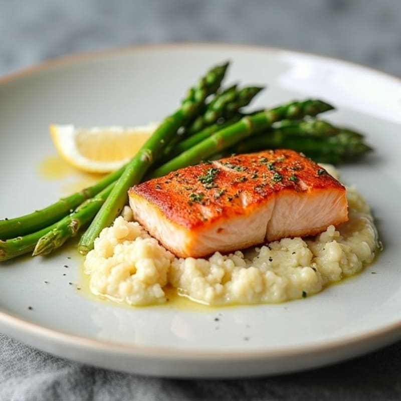Seared Salmon with Steamed Asparagus and Cauliflower Mash