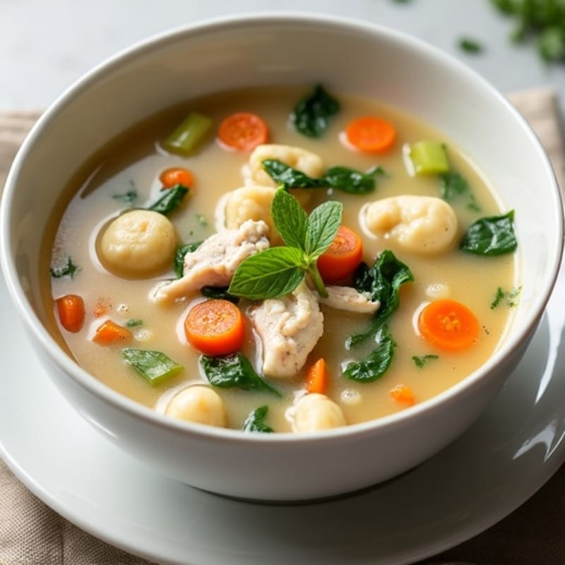 Creamy Chicken and Vegetable Soup with Fluffy Herb Dumplings