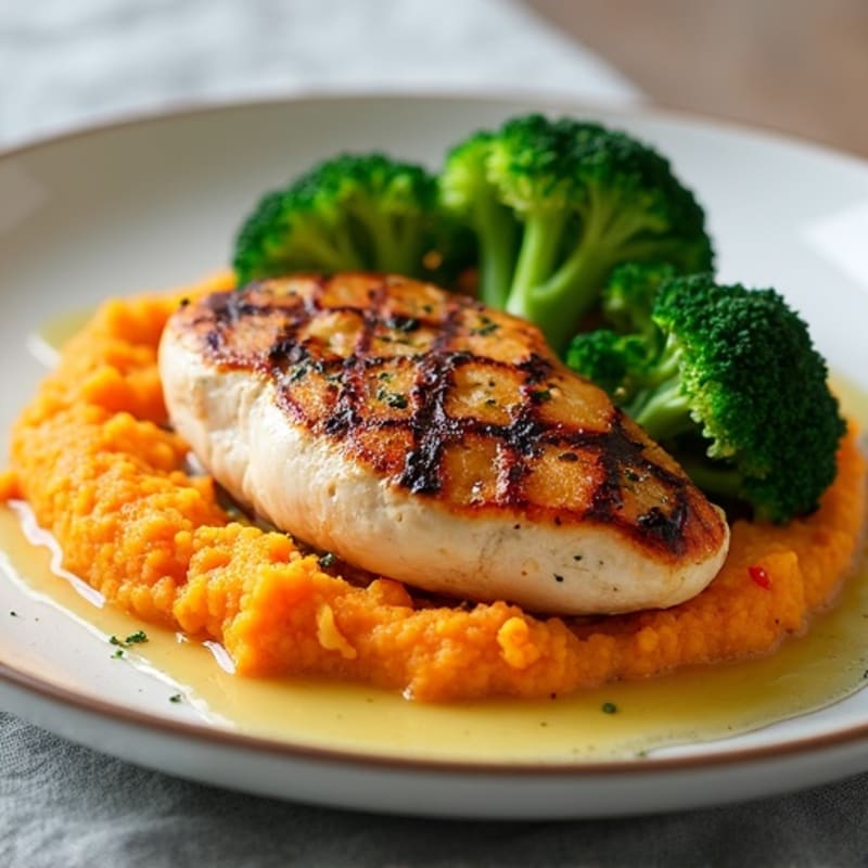 Seared Chicken Breast with Steamed Broccoli and Sweet Potato Mash