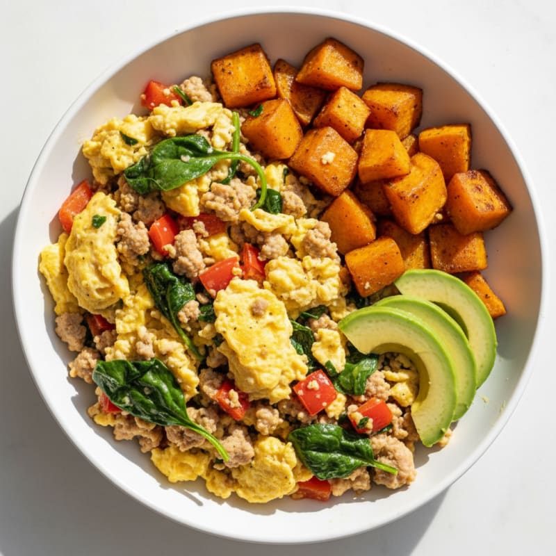 Egg and Turkey Veggie Scramble with Roasted Sweet Potatoes