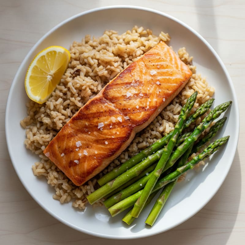 Seared Salmon Fillet with Steamed Asparagus and Brown Rice
