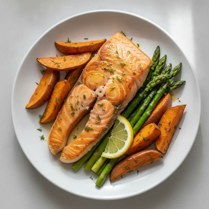 Seared Salmon with Roasted Sweet Potato and Asparagus