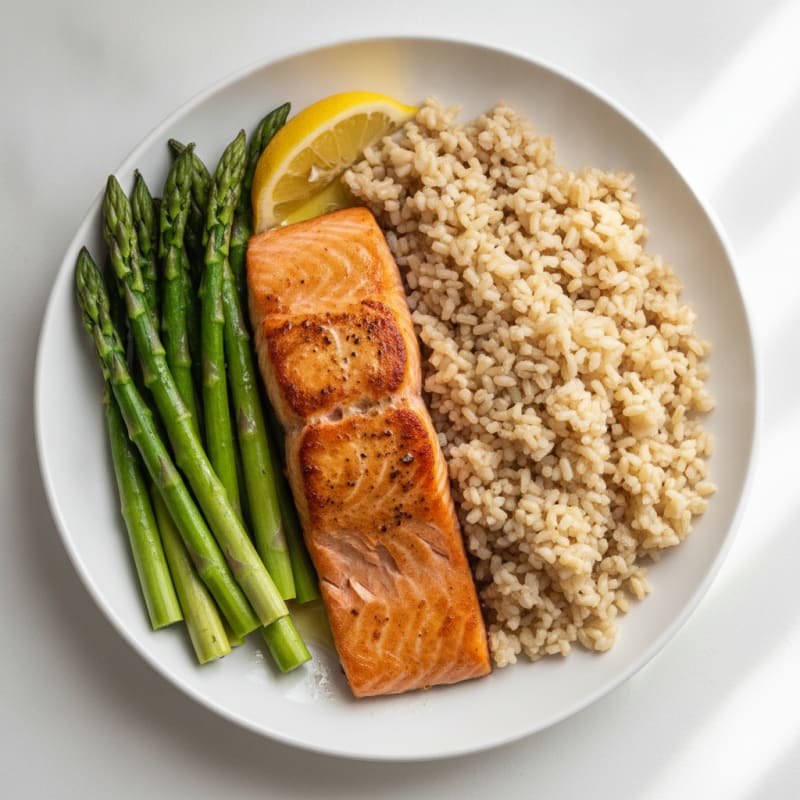 Seared Salmon with Steamed Asparagus and Brown Rice