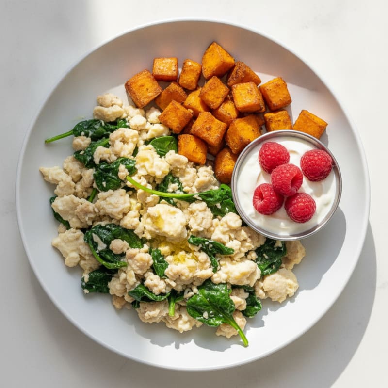 Egg White and Turkey Sausage Scramble with Spinach and Roasted Sweet Potato
