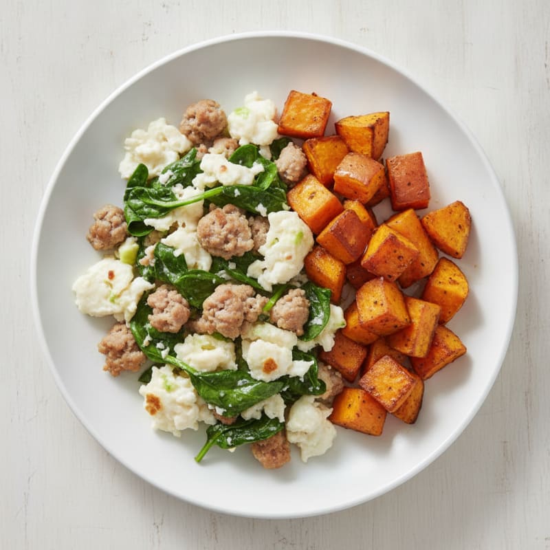 Egg White and Turkey Sausage Scramble with Spinach and Roasted Sweet Potatoes