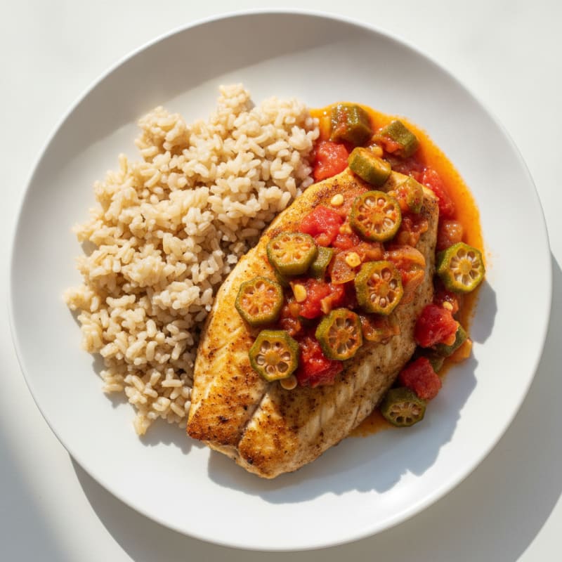 Pan-Seared Tilapia with Okra Tomato Stew and Brown Rice