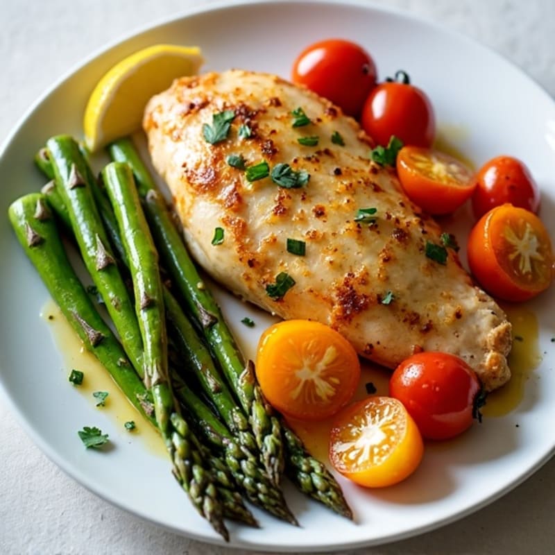 Crispy Lemon Herb Roasted Chicken with Roasted Asparagus and Cherry Tomatoes