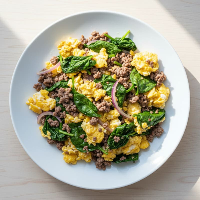 Scrambled Eggs with Lean Ground Beef and Spinach