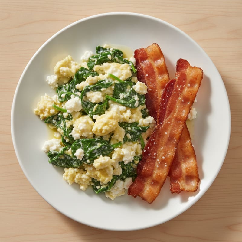 Cottage Cheese Egg Scramble with Spinach and Turkey Bacon