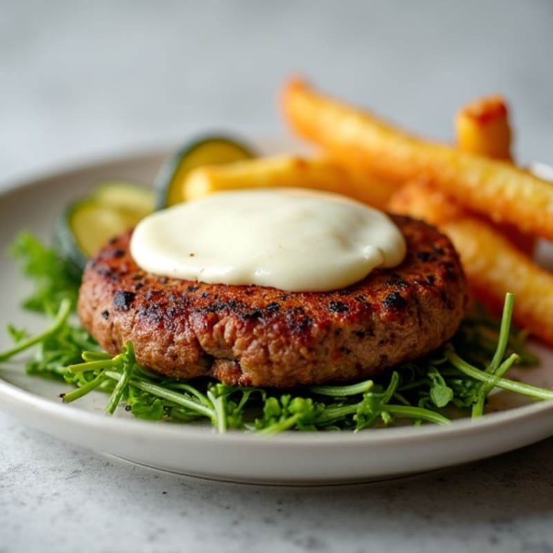 Lean Ground Beef Patty with Melty Mozzarella and Crispy Roasted Zucchini Sticks