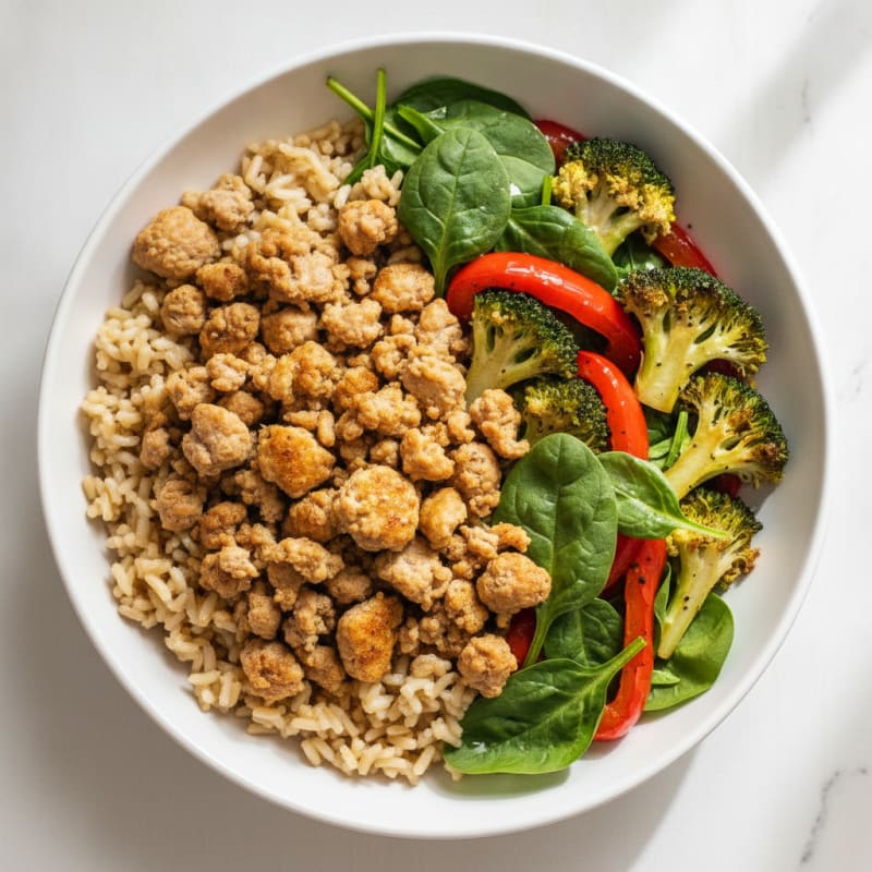 Ground Turkey Rice Bowl with Roasted Veggies and Spinach