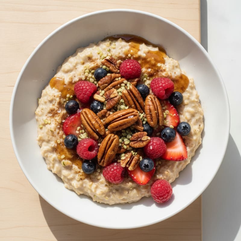 High-Protein Maple Pecan Oatmeal with Berries