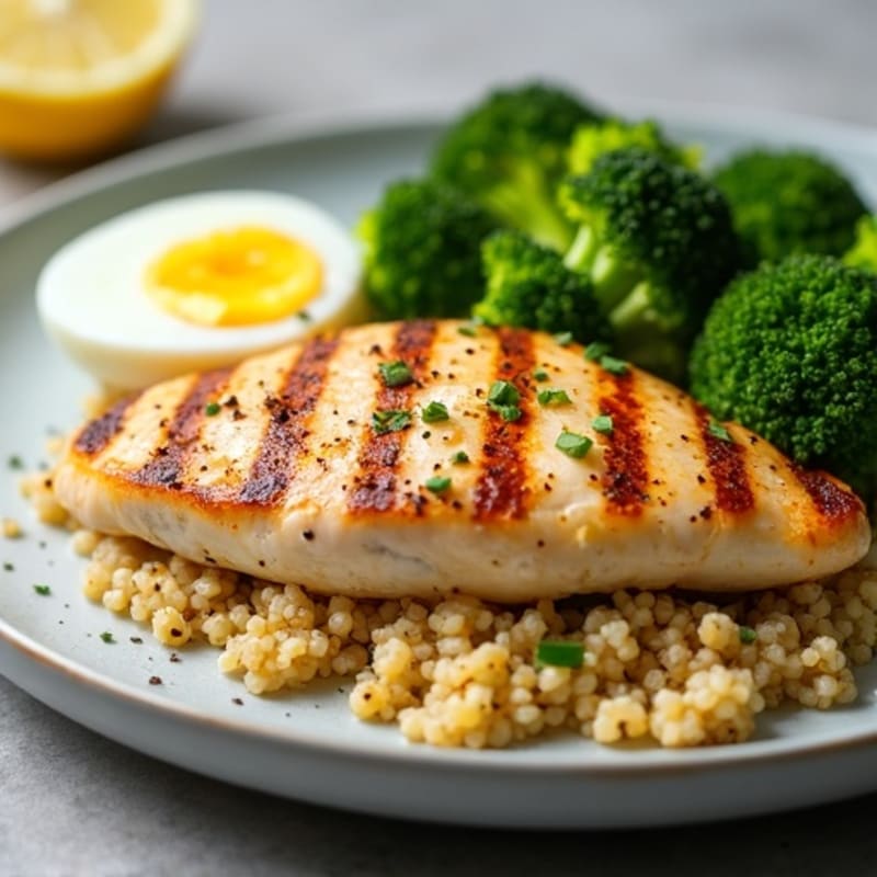 Grilled Chicken Breast with Quinoa, Steamed Broccoli & Egg