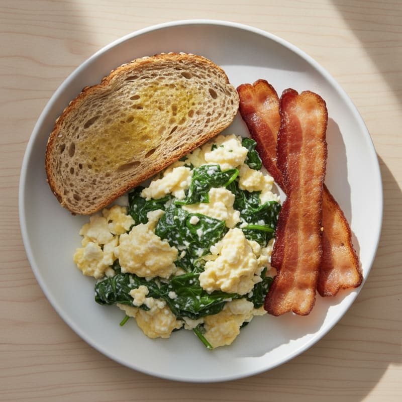 Cottage Cheese Scramble with Spinach and Turkey Bacon