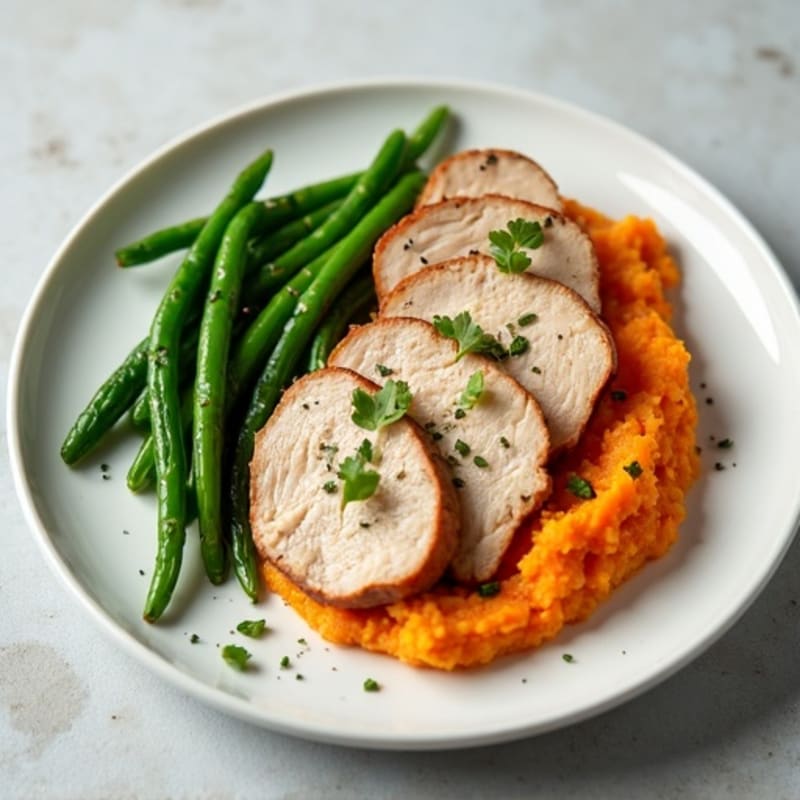 Seared Turkey Breast with Steamed Green Beans and Sweet Potato Mash