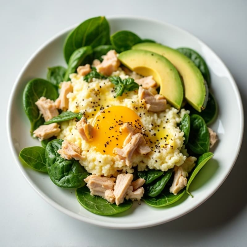 Egg White Spinach Scramble with Cottage Cheese and Sliced Turkey