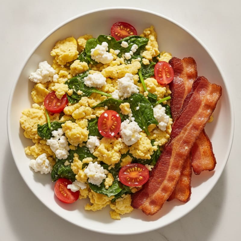 Cottage Cheese Egg Scramble with Spinach and Turkey Bacon