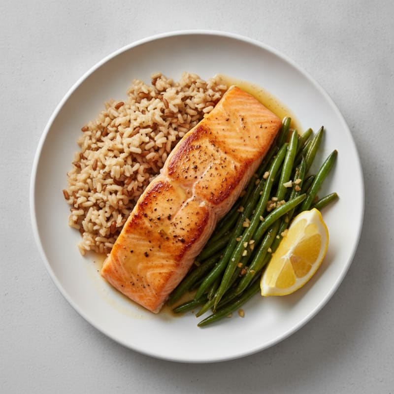 Seared Salmon with Garlic Green Beans and Brown Rice