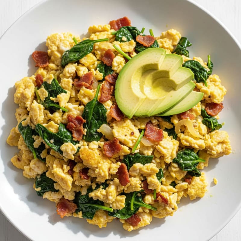 Turkey Bacon Scramble with Spinach and Avocado