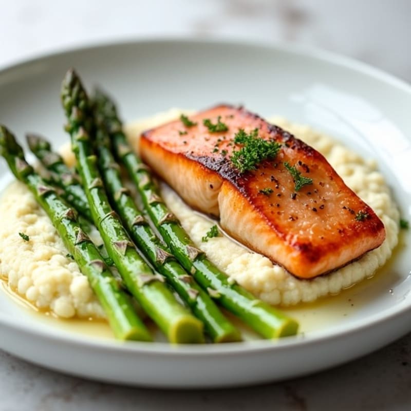 Seared Salmon with Steamed Asparagus and Cauliflower Mash