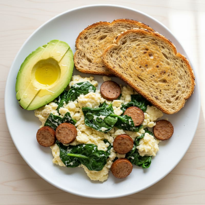 Egg White and Spinach Scramble with Turkey Sausage
