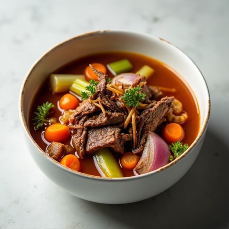 Nourishing Beef Bone Broth with Shredded Beef and Crispy Roasted Vegetables