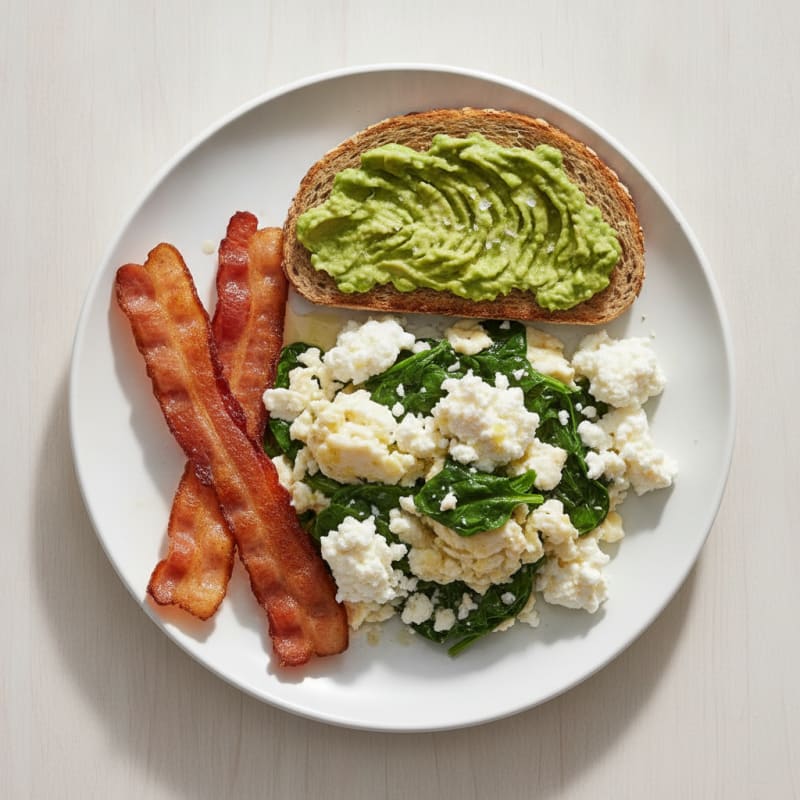 Egg White and Spinach Scramble with Cottage Cheese and Turkey Bacon