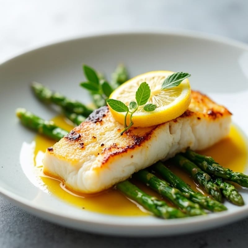 Seared Cod with Steamed Asparagus and Lemon