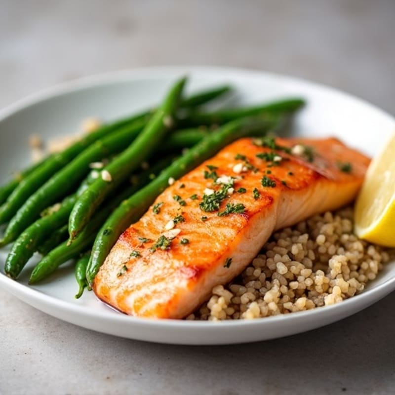 Seared Salmon with Garlic Green Beans and Brown Rice