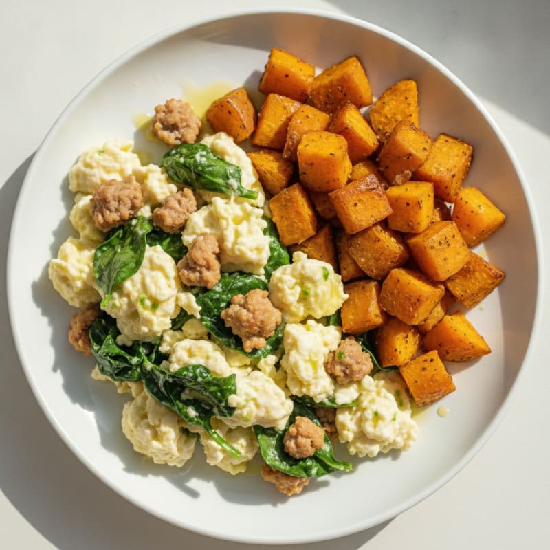 Egg White and Turkey Sausage Scramble with Spinach and Roasted Sweet Potatoes