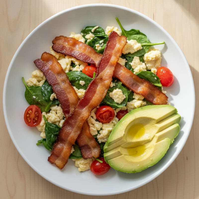 Crispy Turkey Bacon Egg White Scramble with Spinach and Tomatoes