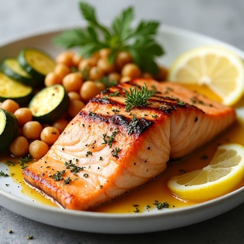 Seared Salmon with Roasted Zucchini and Chickpeas