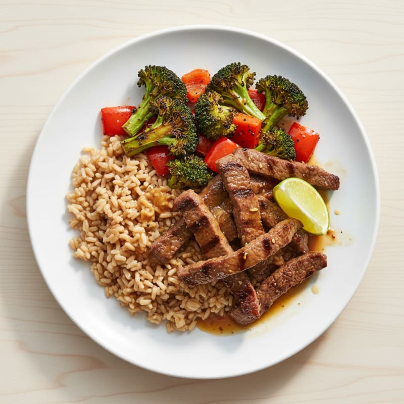 Seared Beef Strips with Roasted Vegetables and Brown Rice