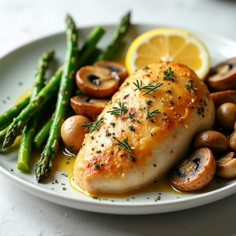 Lemon Herb Roasted Chicken with Roasted Garlic Butter Mushrooms and Tender Asparagus