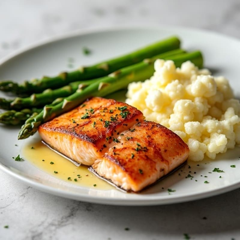 Seared Salmon with Steamed Asparagus and Mashed Cauliflower