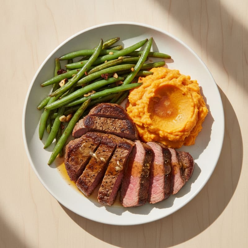 Seared Sirloin Steak with Garlic Green Beans and Sweet Potato Mash