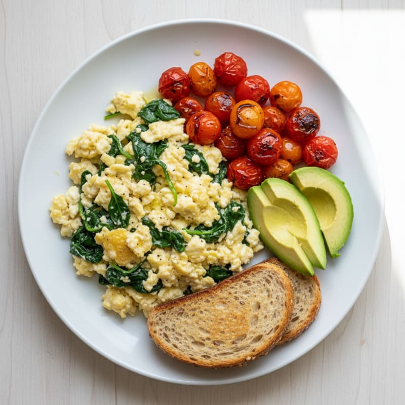 Cottage Cheese Egg Scramble with Spinach and Cherry Tomatoes