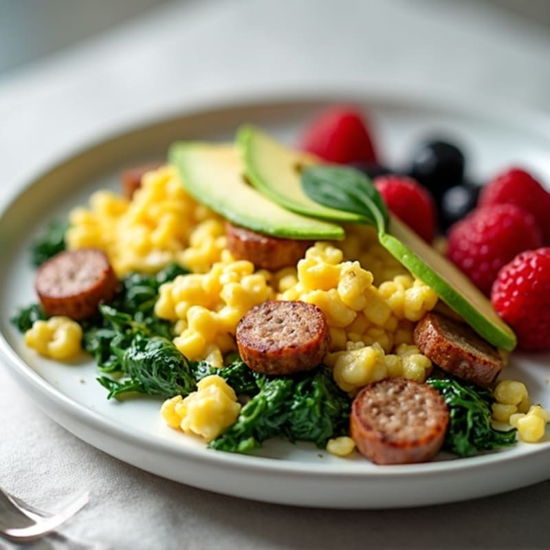 Egg White and Spinach Scramble with Turkey Sausage and Fresh Berries