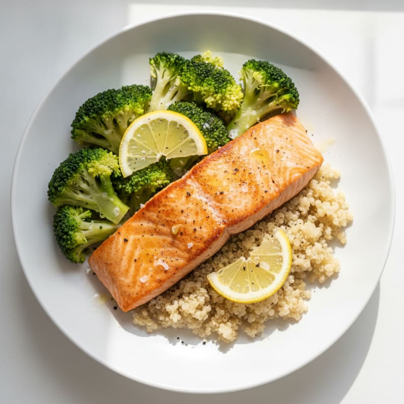 Seared Salmon with Steamed Broccoli and Quinoa