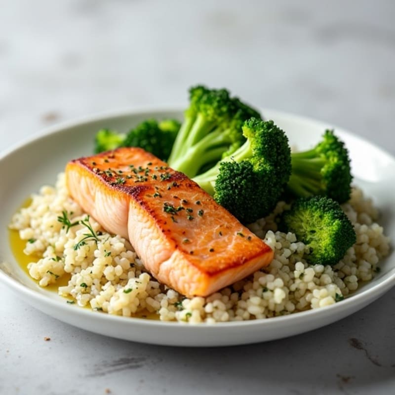 Seared Salmon with Steamed Broccoli and Herb Rice