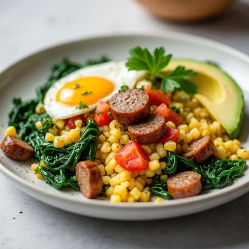 Egg White and Turkey Sausage Scramble with Sautéed Spinach, Pico de Gallo, and Avocado