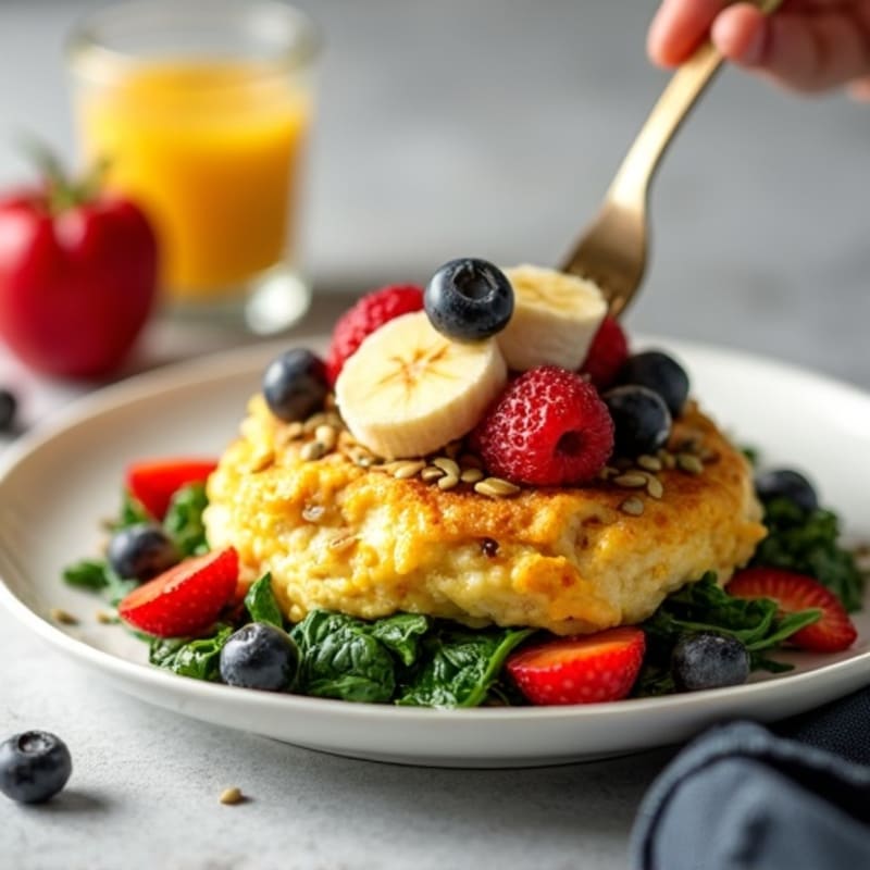 Protein-Packed Egg, Spinach, and Bell Pepper Scramble with Fresh Berry-Banana and Crunchy Seed Topping