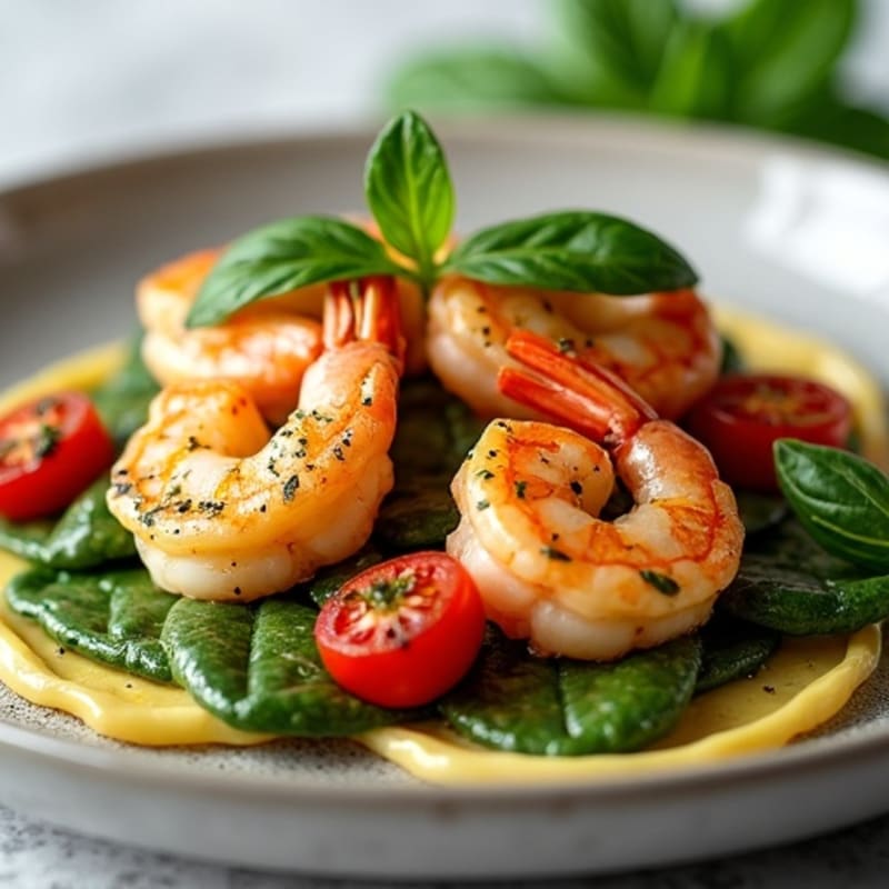 Pan-Seared Shrimp with Spinach Ravioli, Blistered Cherry Tomatoes, and Fresh Herbs