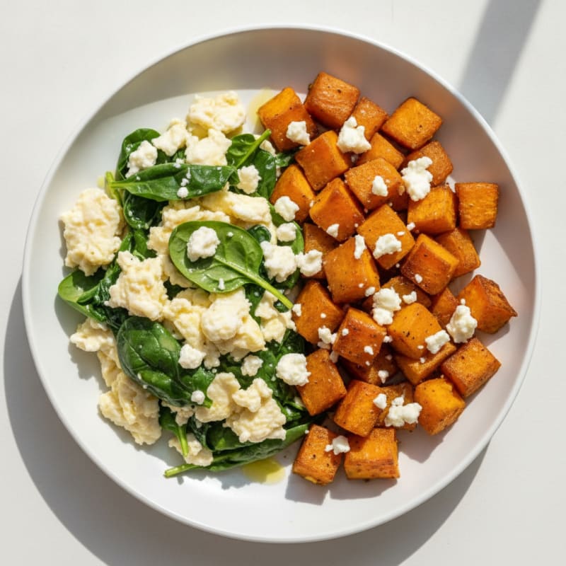 Egg White and Spinach Scramble with Roasted Sweet Potato