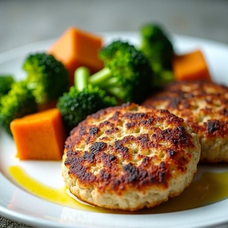 Seared Turkey Patties with Roasted Sweet Potato and Steamed Broccoli