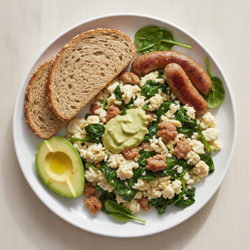 Egg White and Turkey Sausage Scramble with Sautéed Spinach