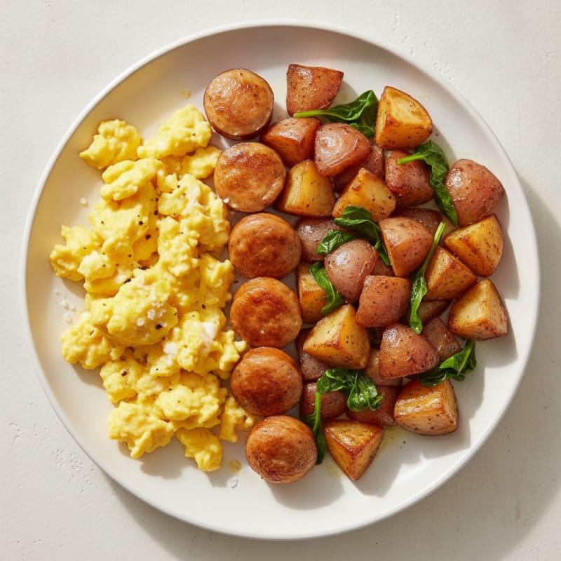 Scrambled Eggs with Chicken Sausage and Roasted Potatoes