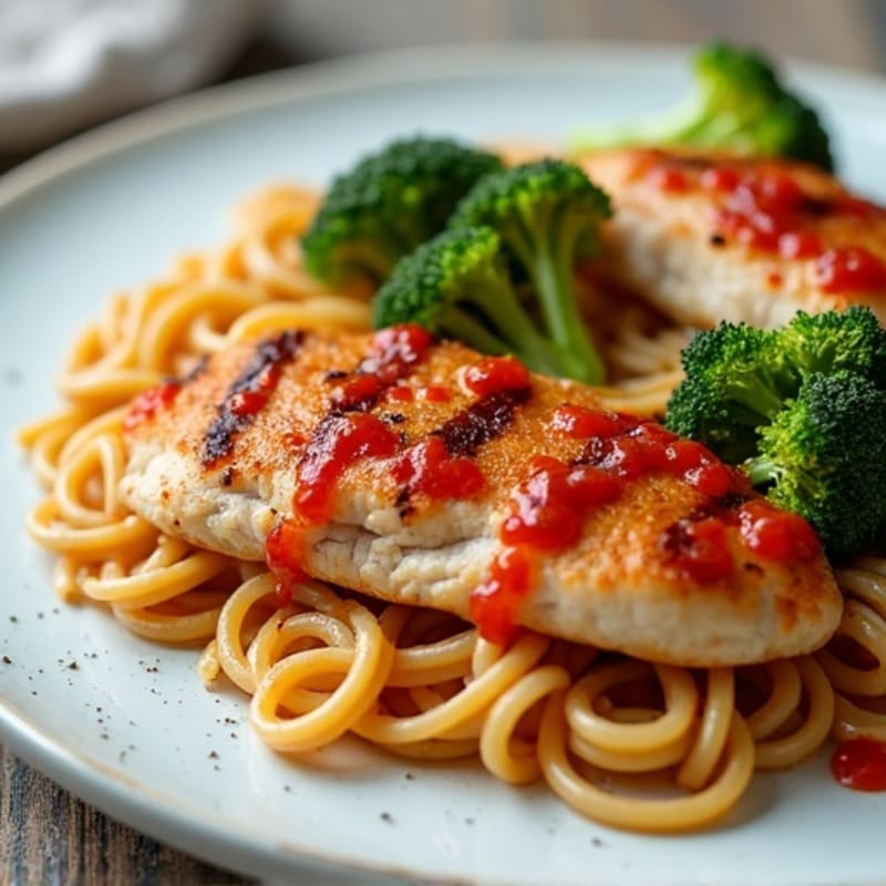 Whole Wheat Pasta with Chicken, Roasted Broccoli, and Zesty Tomato Sauce