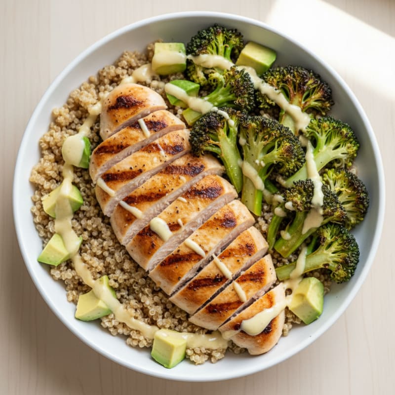 Grilled Chicken Quinoa Bowl with Roasted Broccoli and Lemon Tahini Drizzle